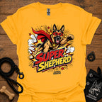 Dog graphic T-shirt in gold, superhero-style dog and comic logo print