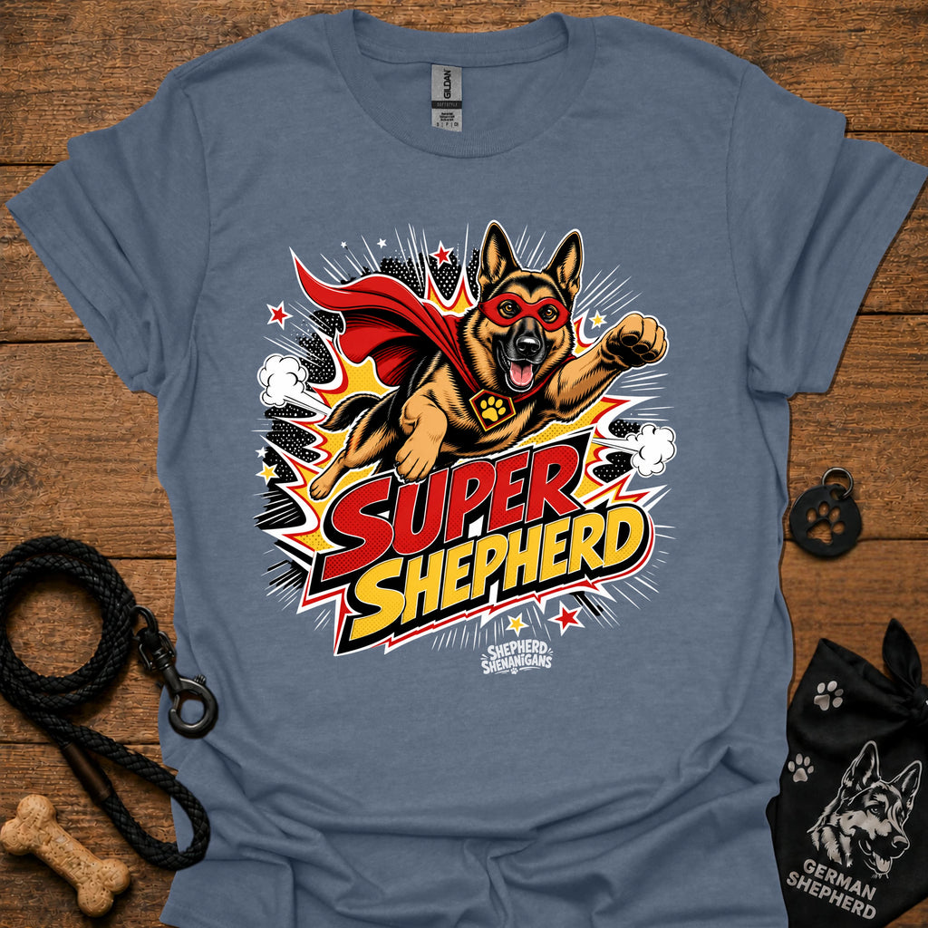 Dog graphic T-shirt in heather indigo blue, superhero-style dog and comic logo