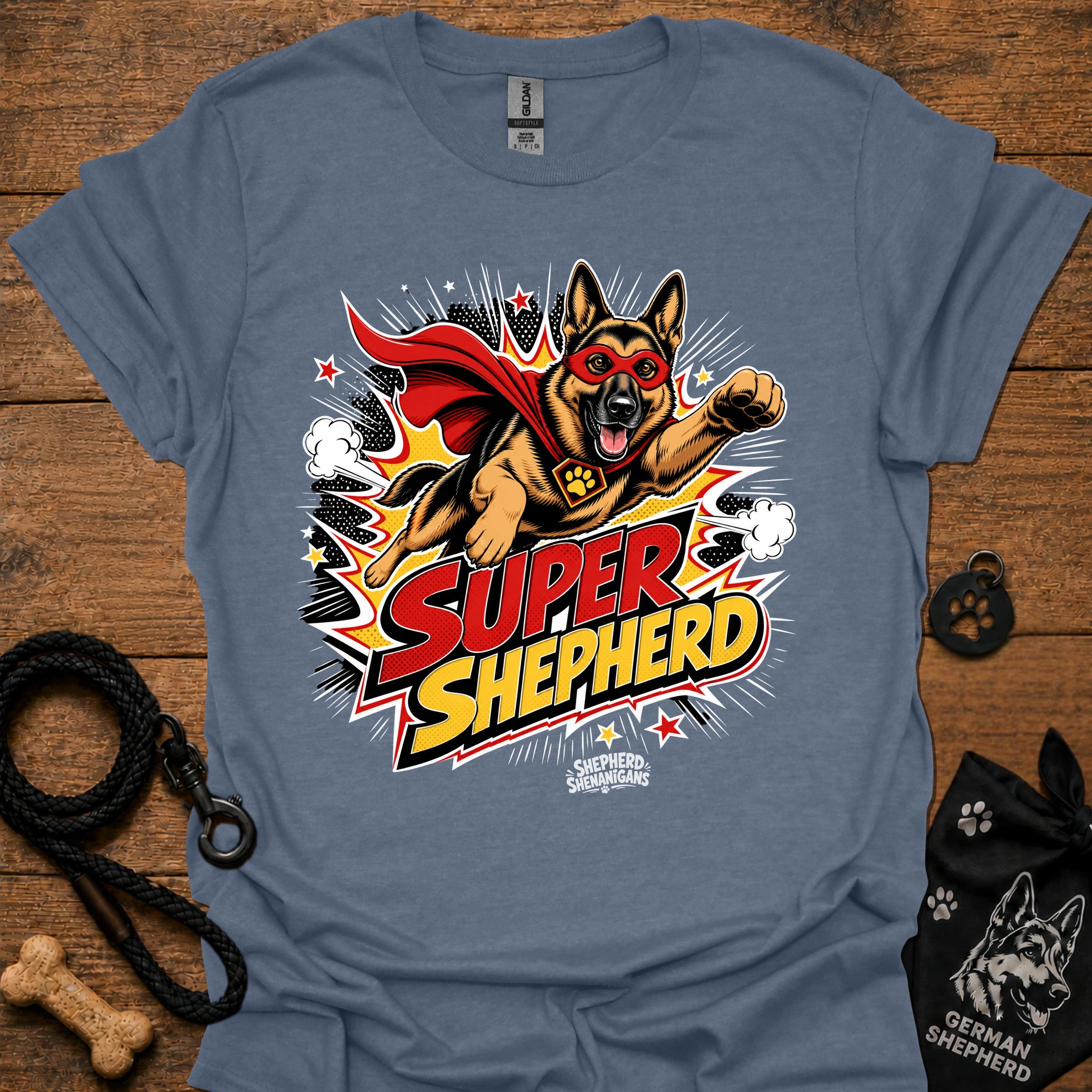 Dog graphic T-shirt in heather indigo blue, superhero-style dog and comic logo