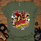 Dog graphic T-shirt in military green, superhero-style dog and comic logo