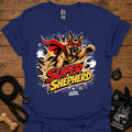Dog graphic T-shirt in royal blue, superhero-style dog and bold comic logo