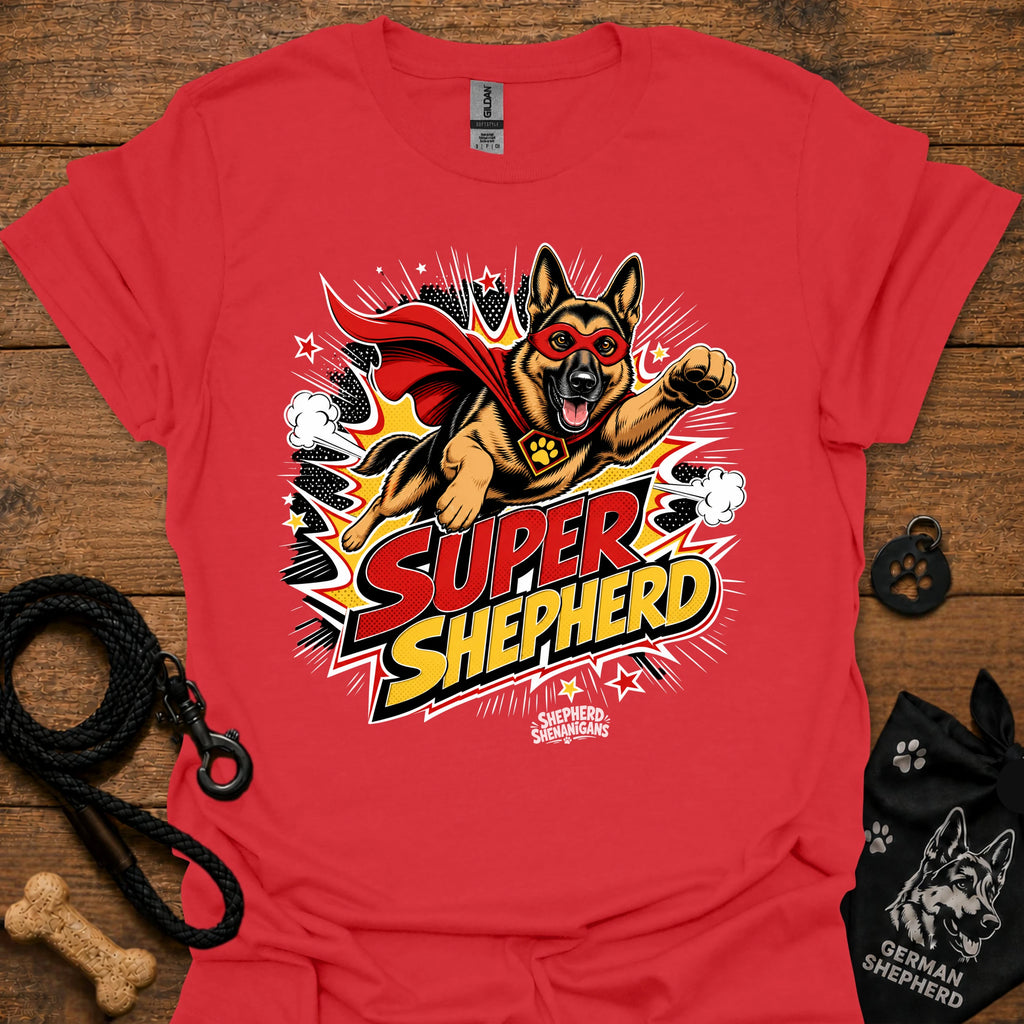 Dog graphic T-shirt in red, superhero-style dog face and comic logo print