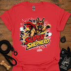Dog graphic T-shirt in red, superhero-style dog face and comic logo print