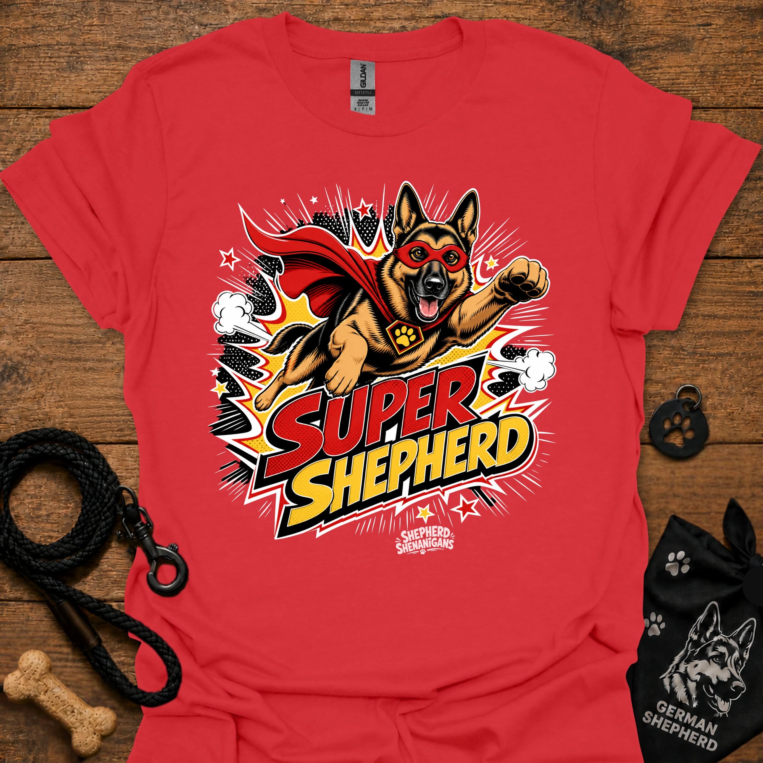 Dog graphic T-shirt in red, superhero-style dog face and comic logo print