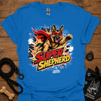 Dog graphic T-shirt in bright blue, superhero-style dog and comic logo