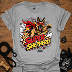 Dog graphic T-shirt in heather gray, superhero-style dog and comic logo print