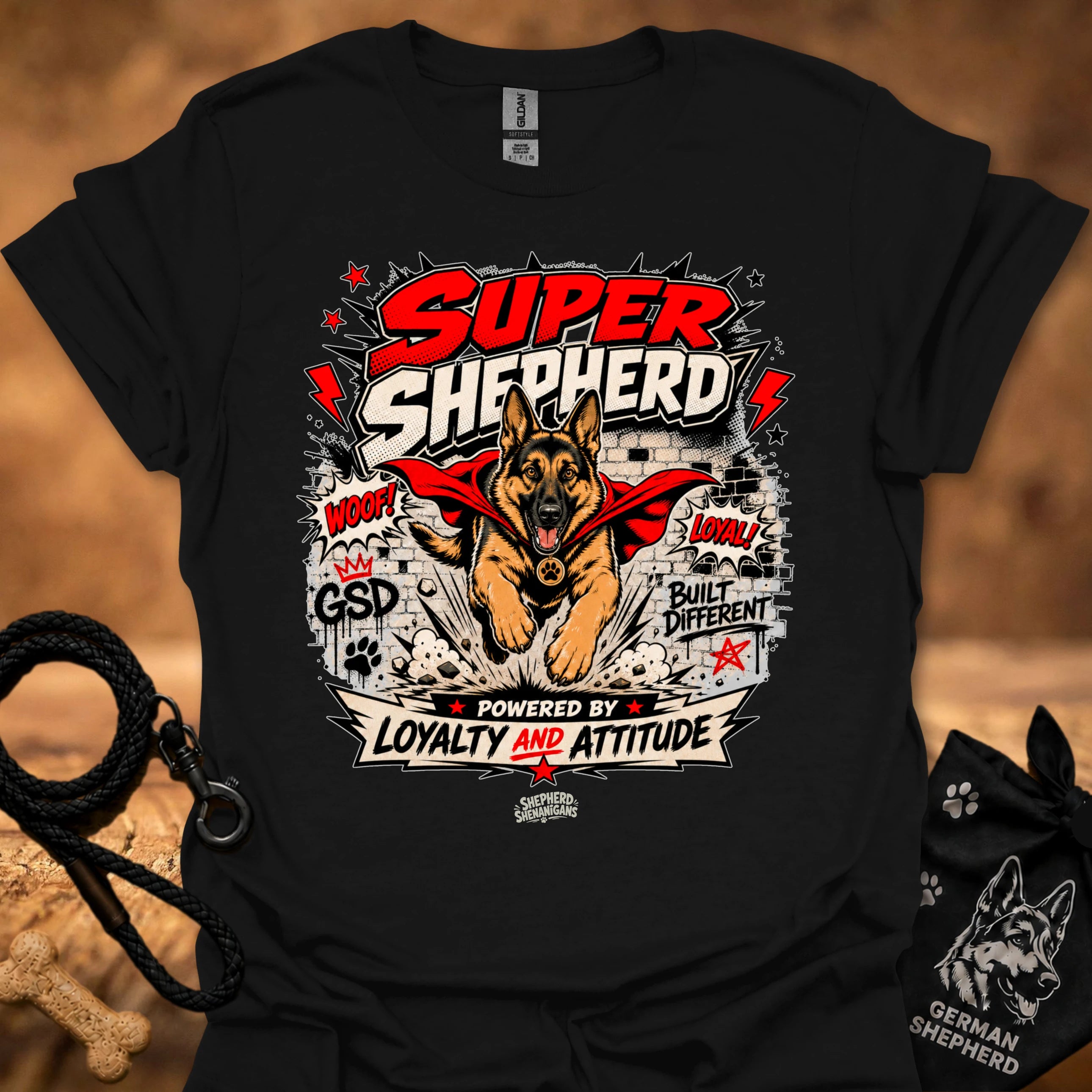 Black T-shirt with large German shepherd graphic front print