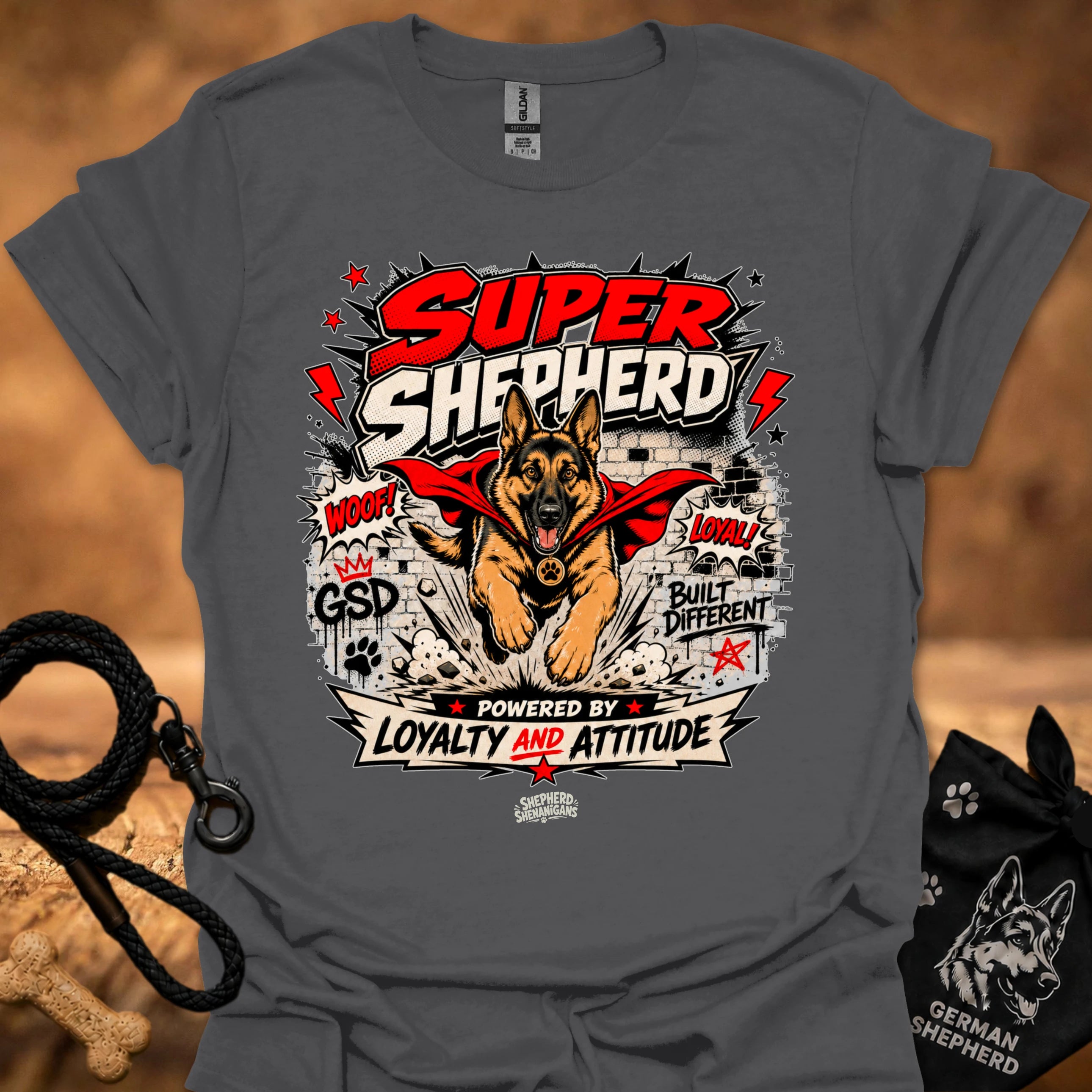 Charcoal gray T-shirt with large German shepherd graphic front print