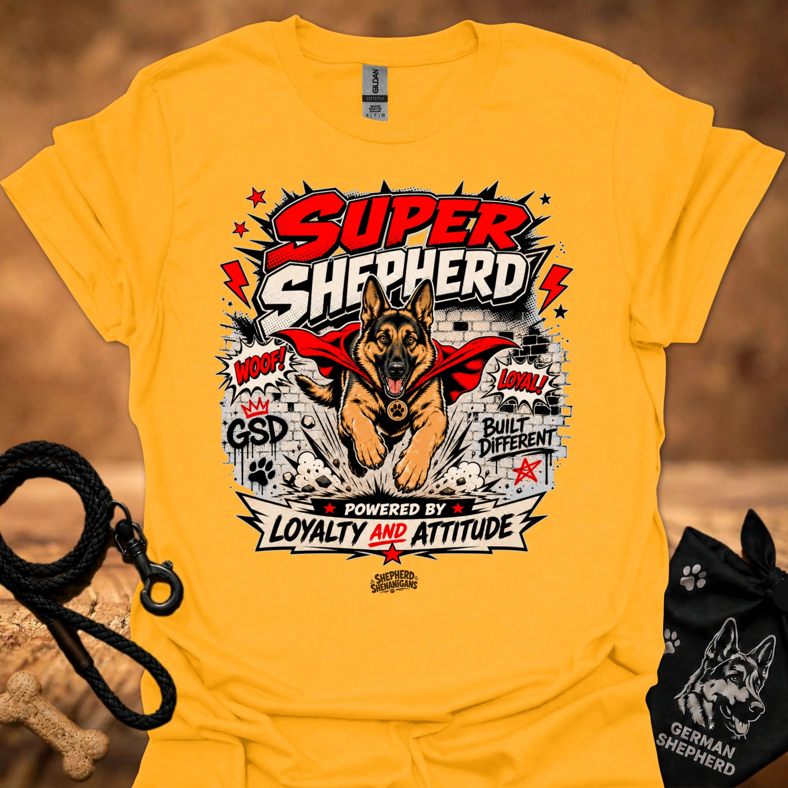 Gold T-shirt with large German shepherd graphic front print