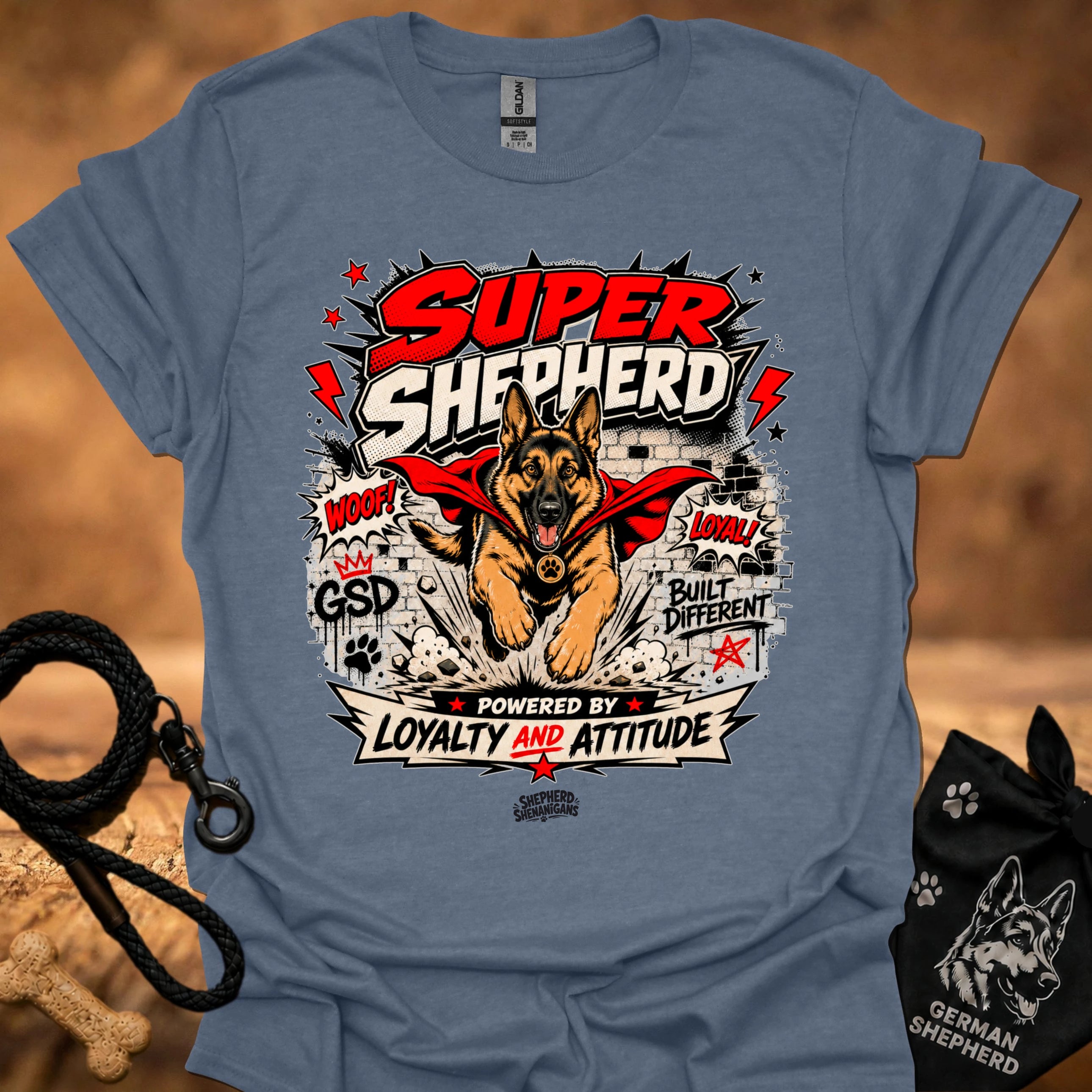 Steel blue T-shirt with large German shepherd graphic front print