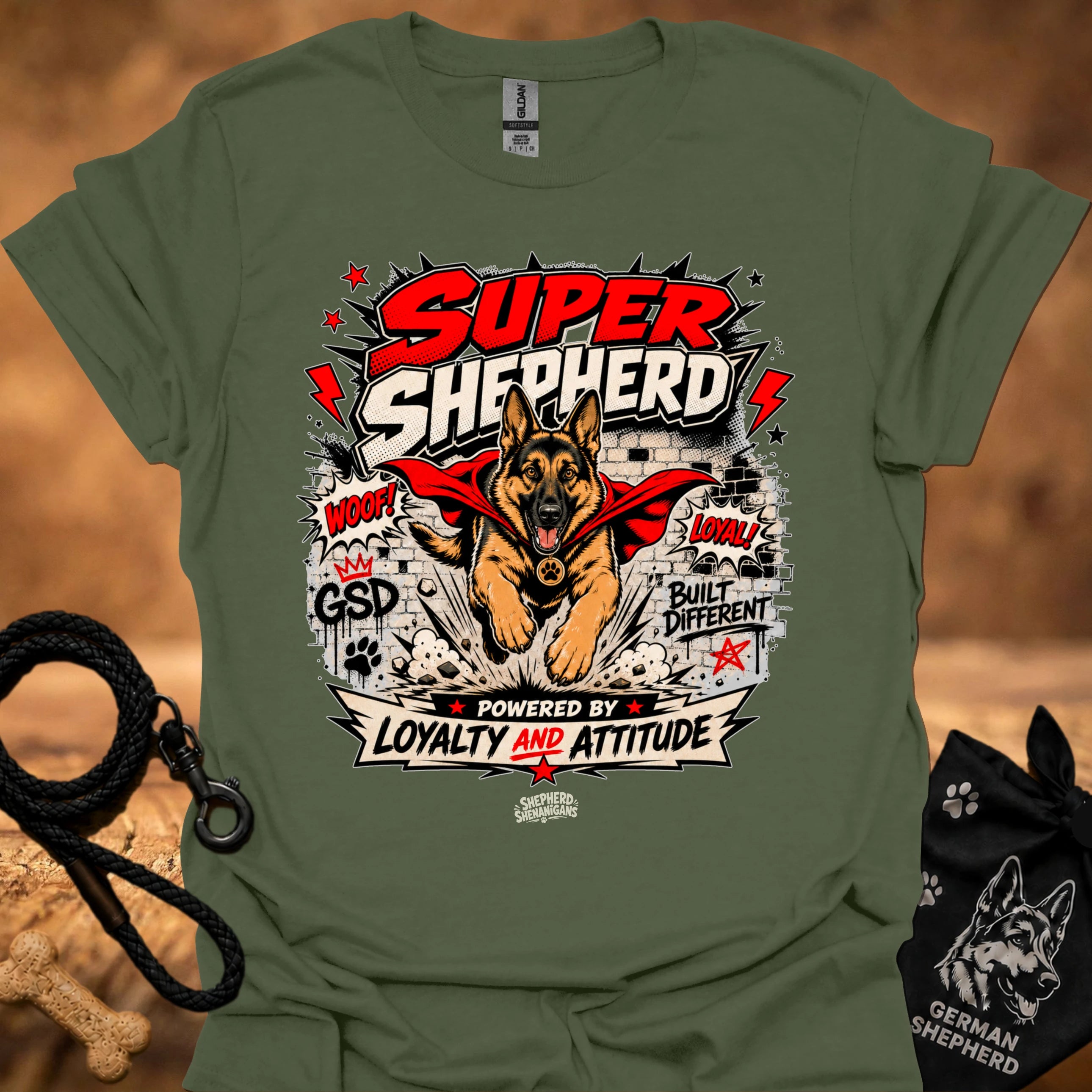 Military green T-shirt with large German shepherd graphic front print