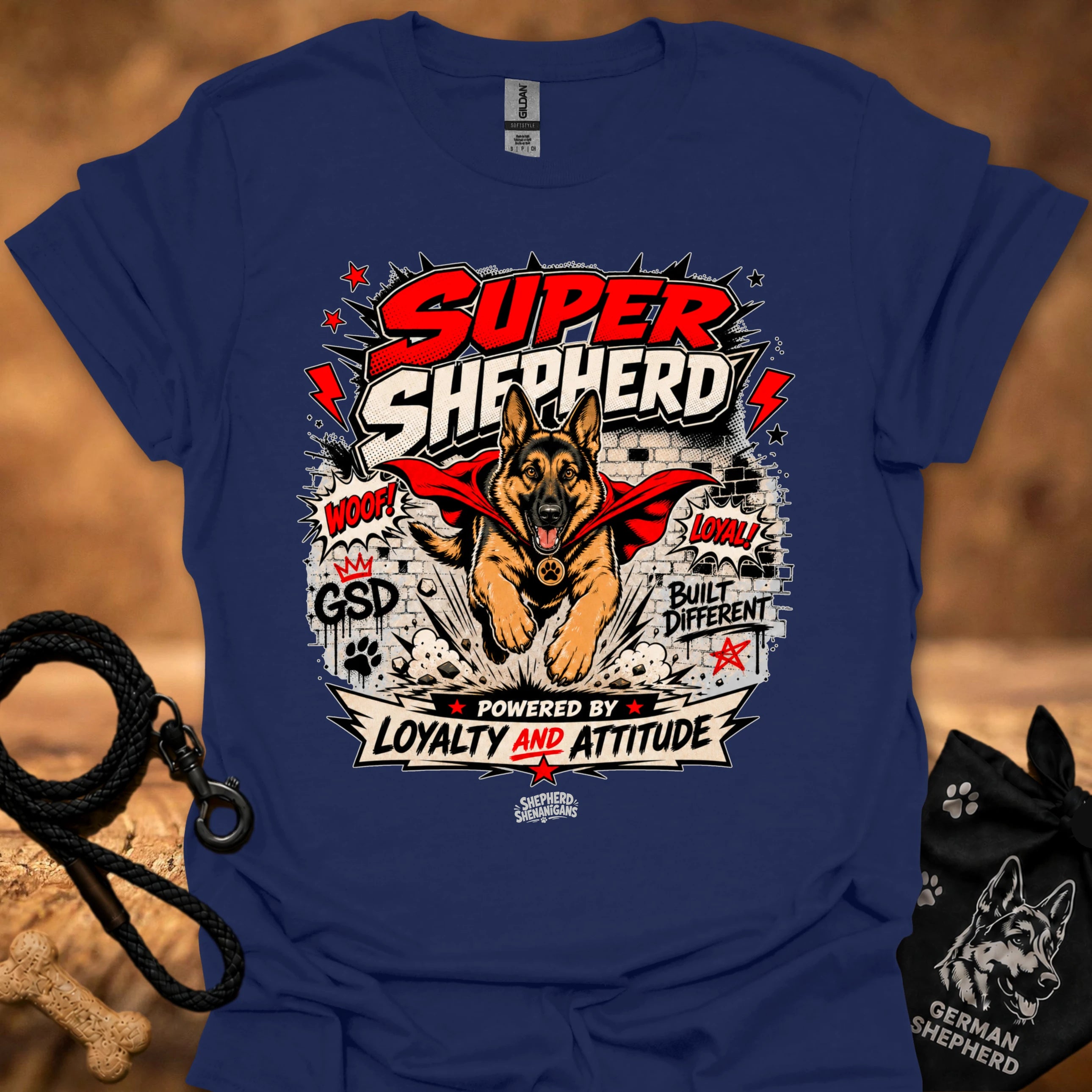 Navy blue T-shirt with large German shepherd graphic front print