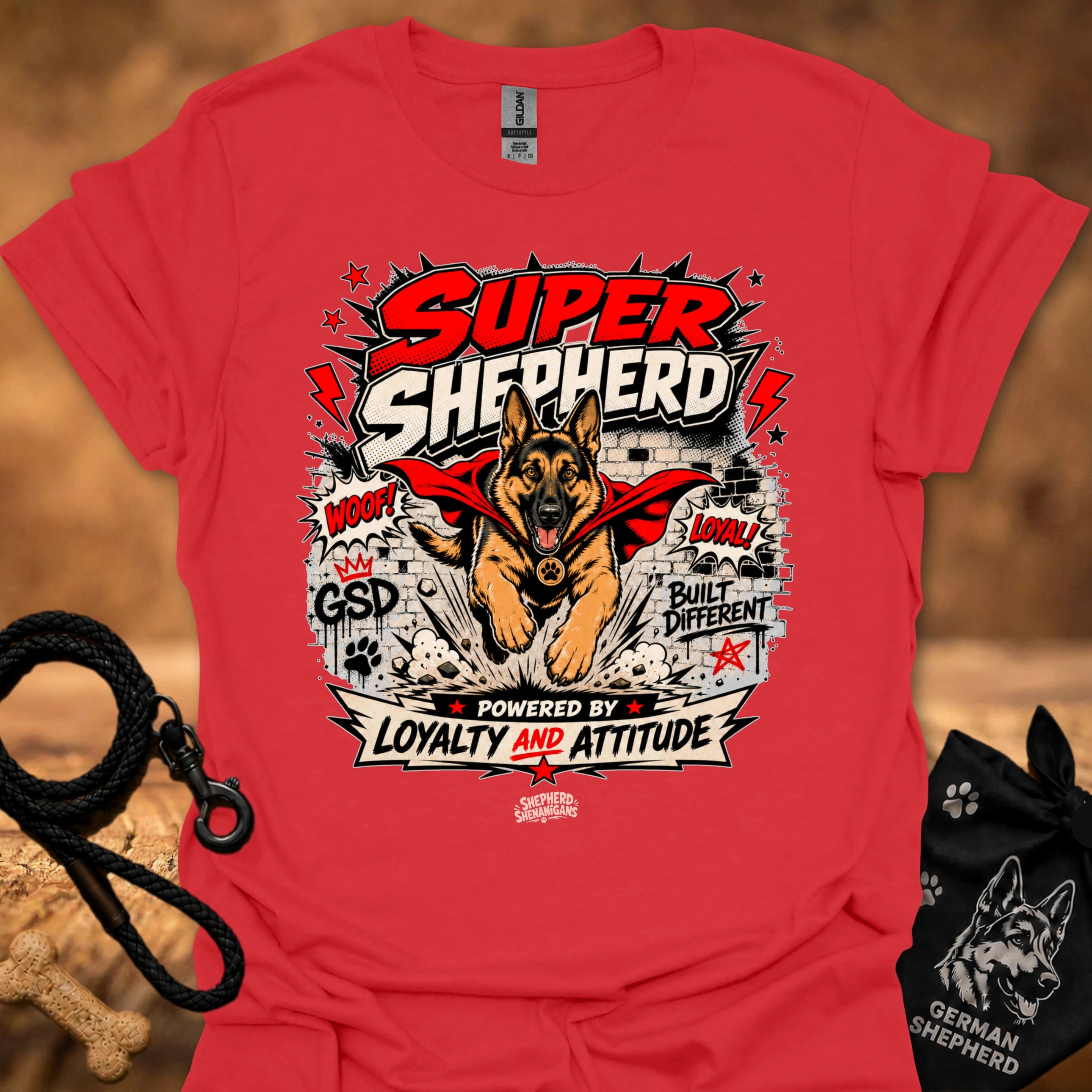 Red T-shirt with large German shepherd graphic front print