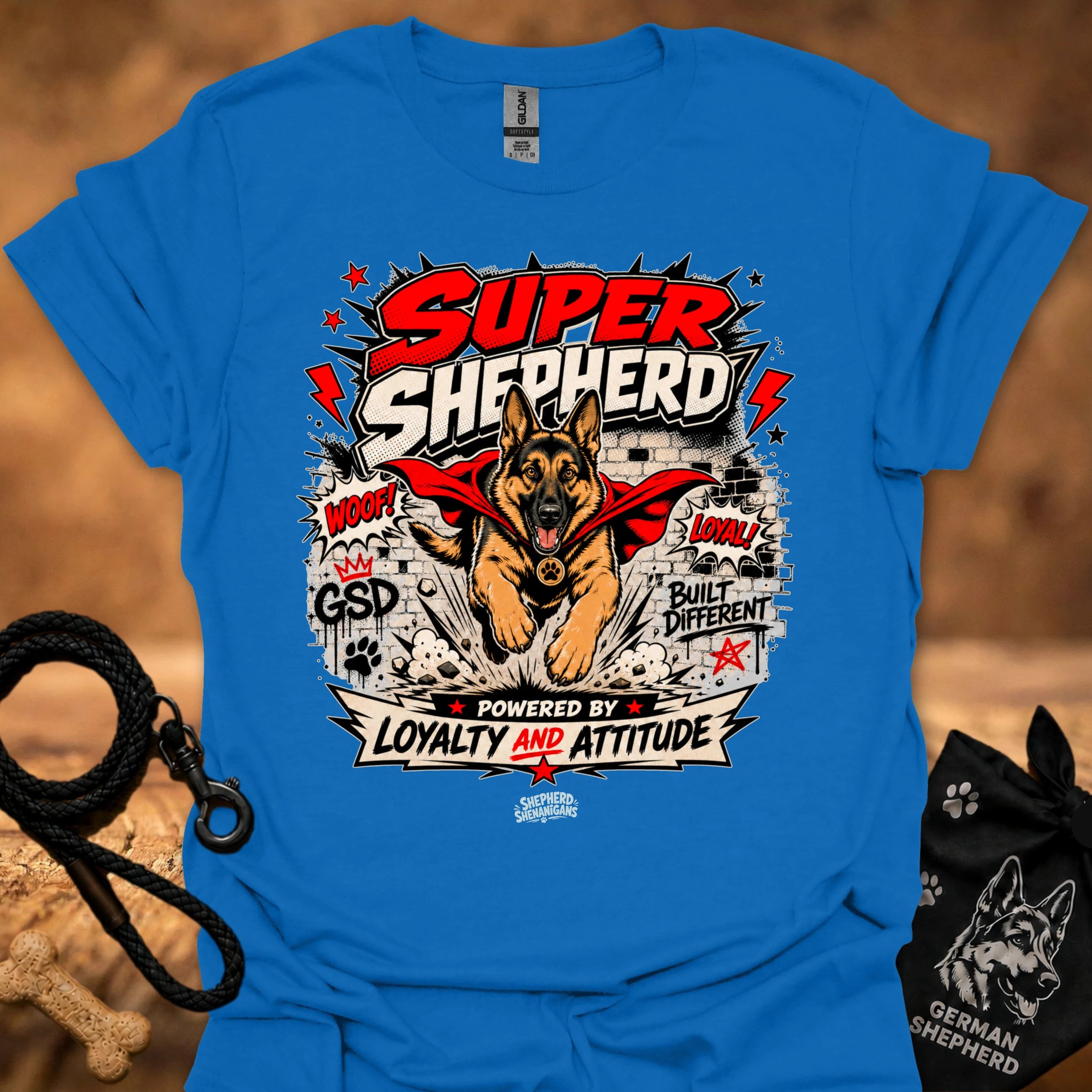 Royal blue T-shirt with large German shepherd graphic front print