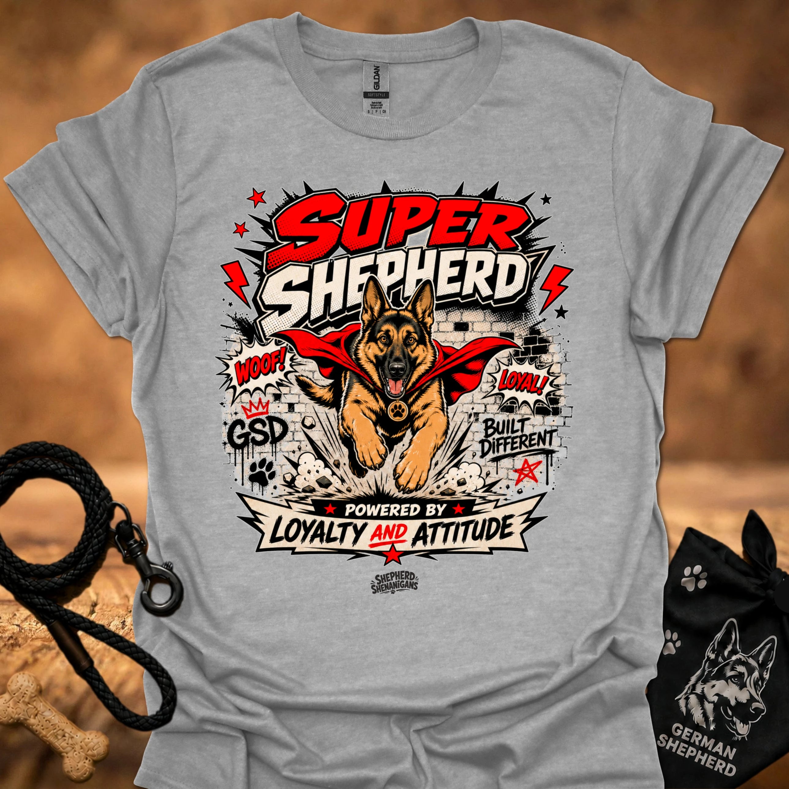 Heather gray T-shirt with large German shepherd graphic front print