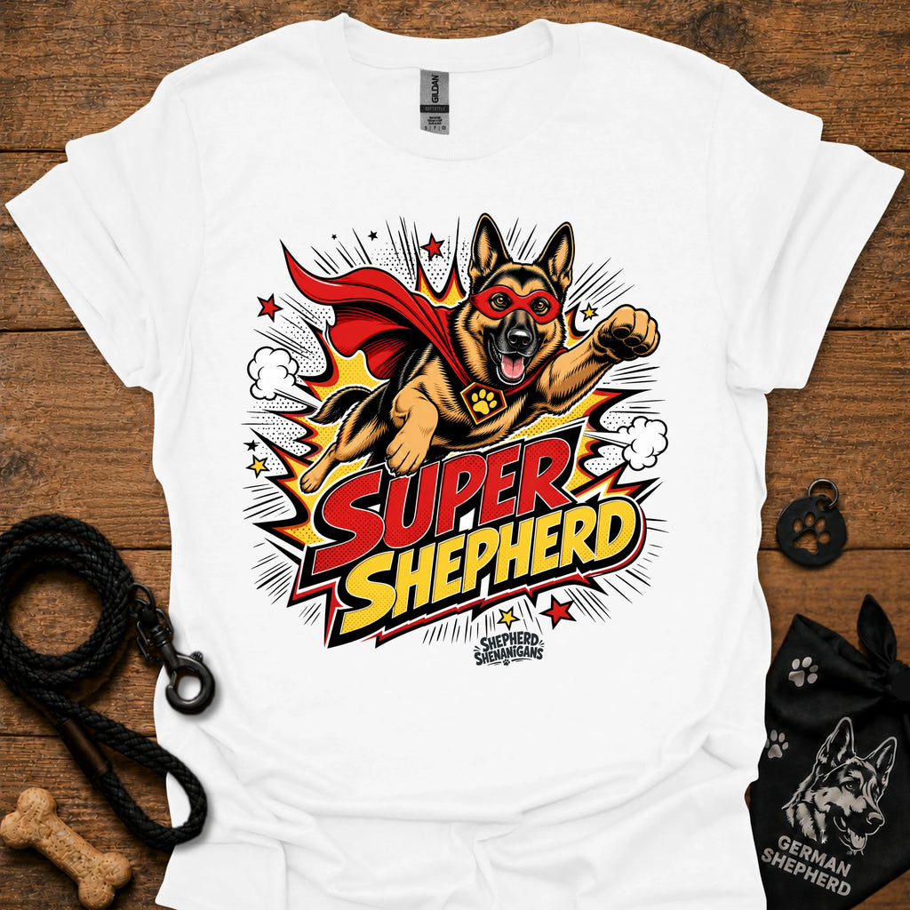 Dog graphic T-shirt in white, superhero-style dog and bold comic logo