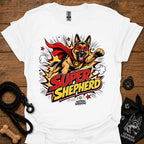 Dog graphic T-shirt in white, superhero-style dog and bold comic logo