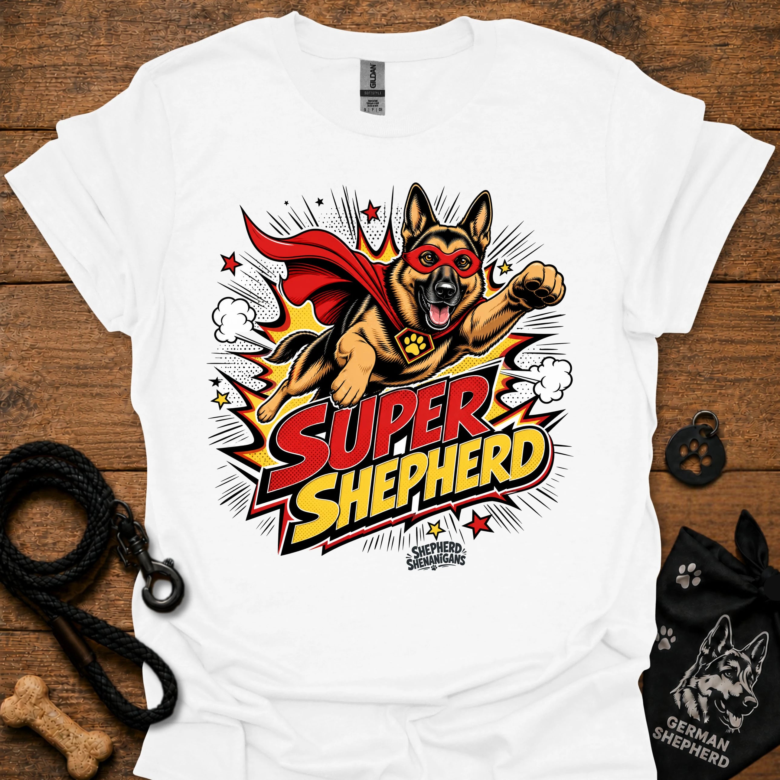 Dog graphic T-shirt in white, superhero-style dog and bold comic logo