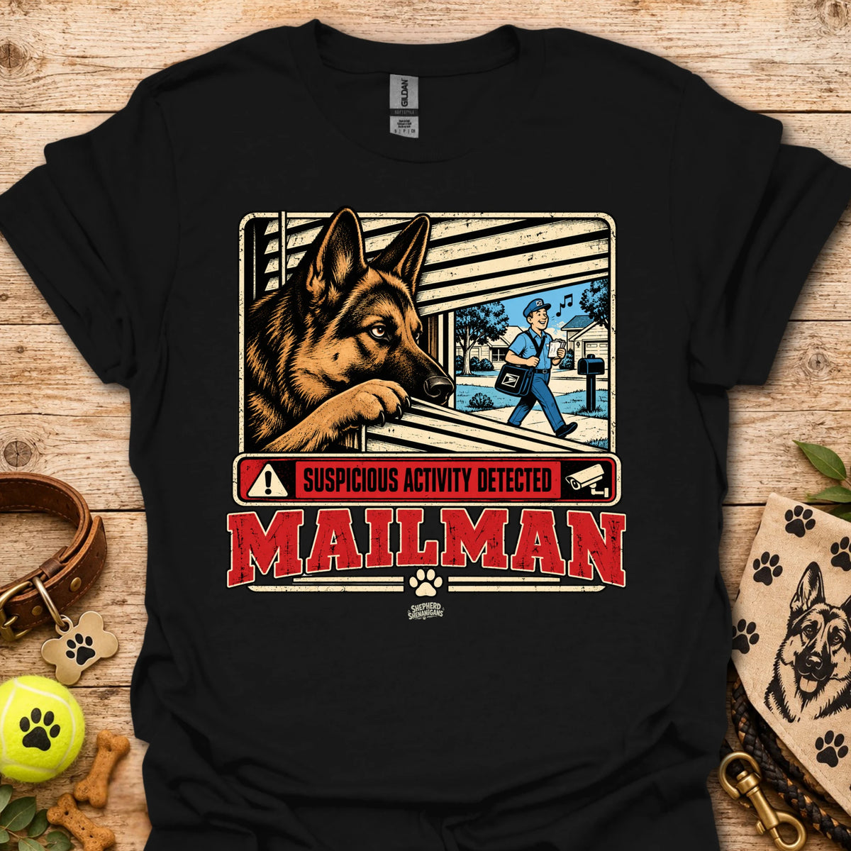 Maillman graphic T-shirt, black with dog and 'Suspicious Activity Detected' text.