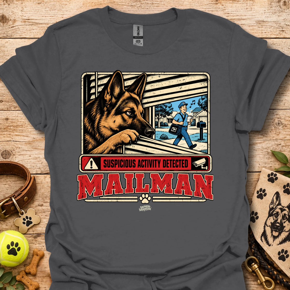 Maillman graphic T-shirt, dark charcoal with dog and 'Suspicious Activity Detected' text.