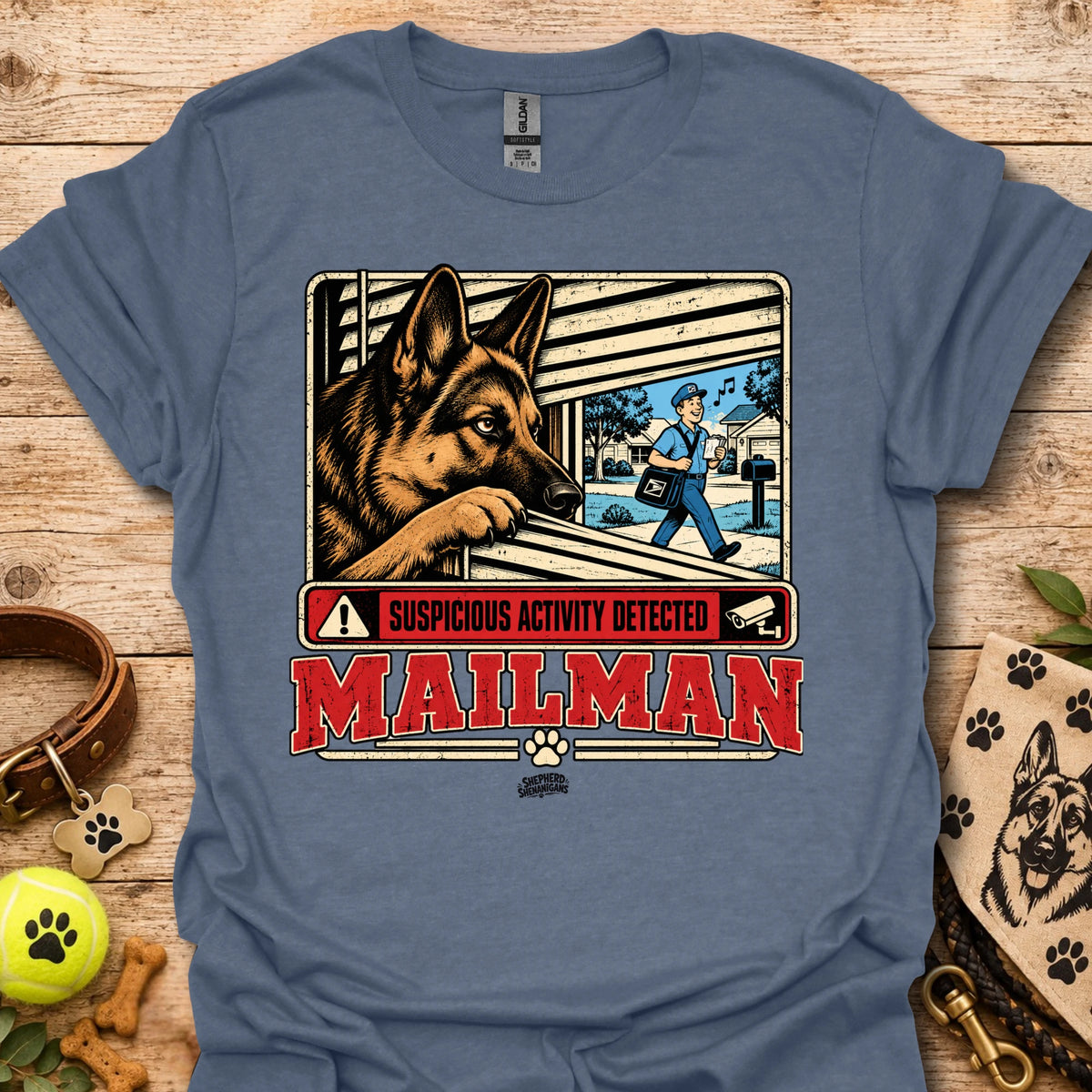 Maillman graphic T-shirt, heather indigo with dog and 'Suspicious Activity Detected' text.