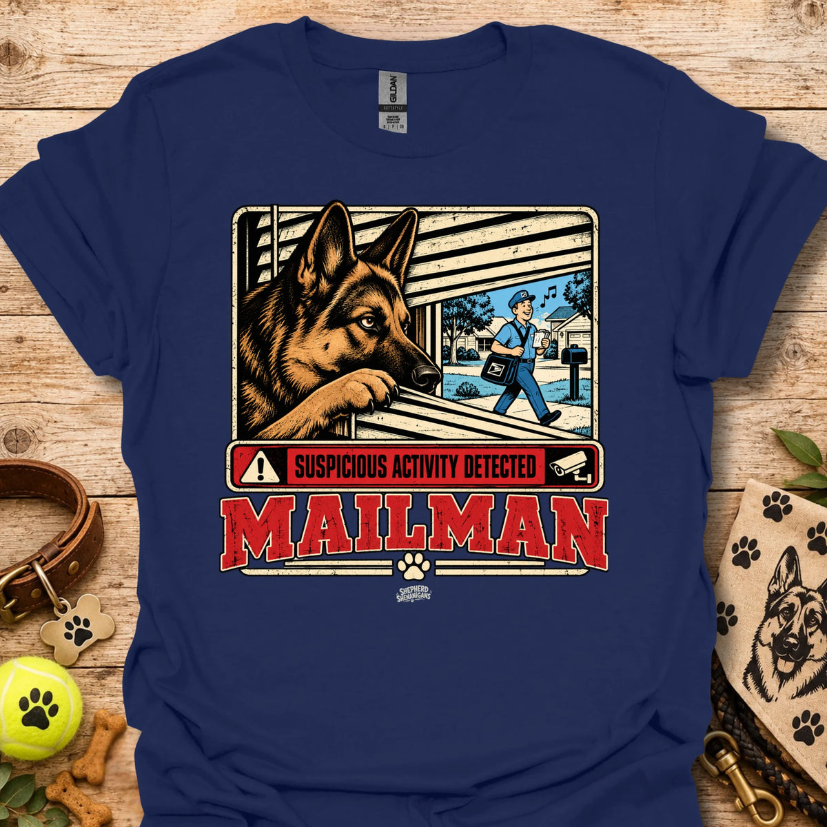 Maillman graphic T-shirt, navy blue with dog and 'Suspicious Activity Detected' text.