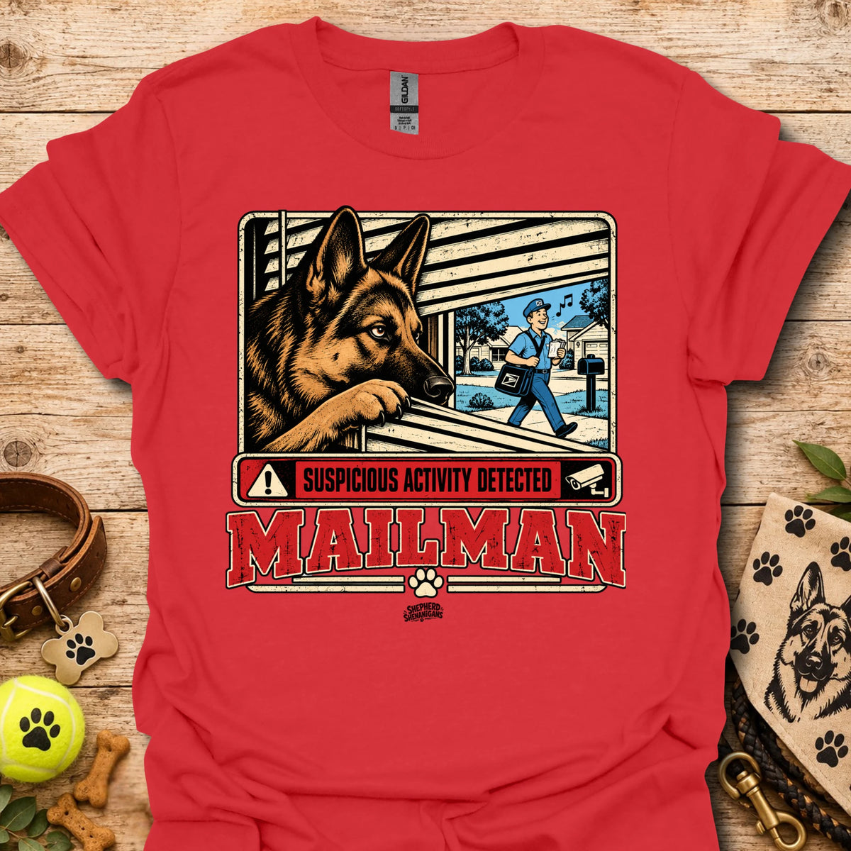 Maillman graphic T-shirt, red with dog and 'Suspicious Activity Detected' text.
