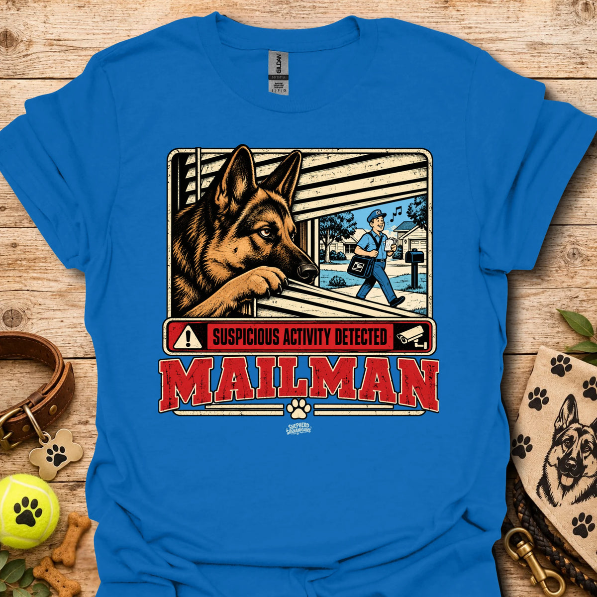 Maillman graphic T-shirt, royal blue with dog and 'Suspicious Activity Detected' text.