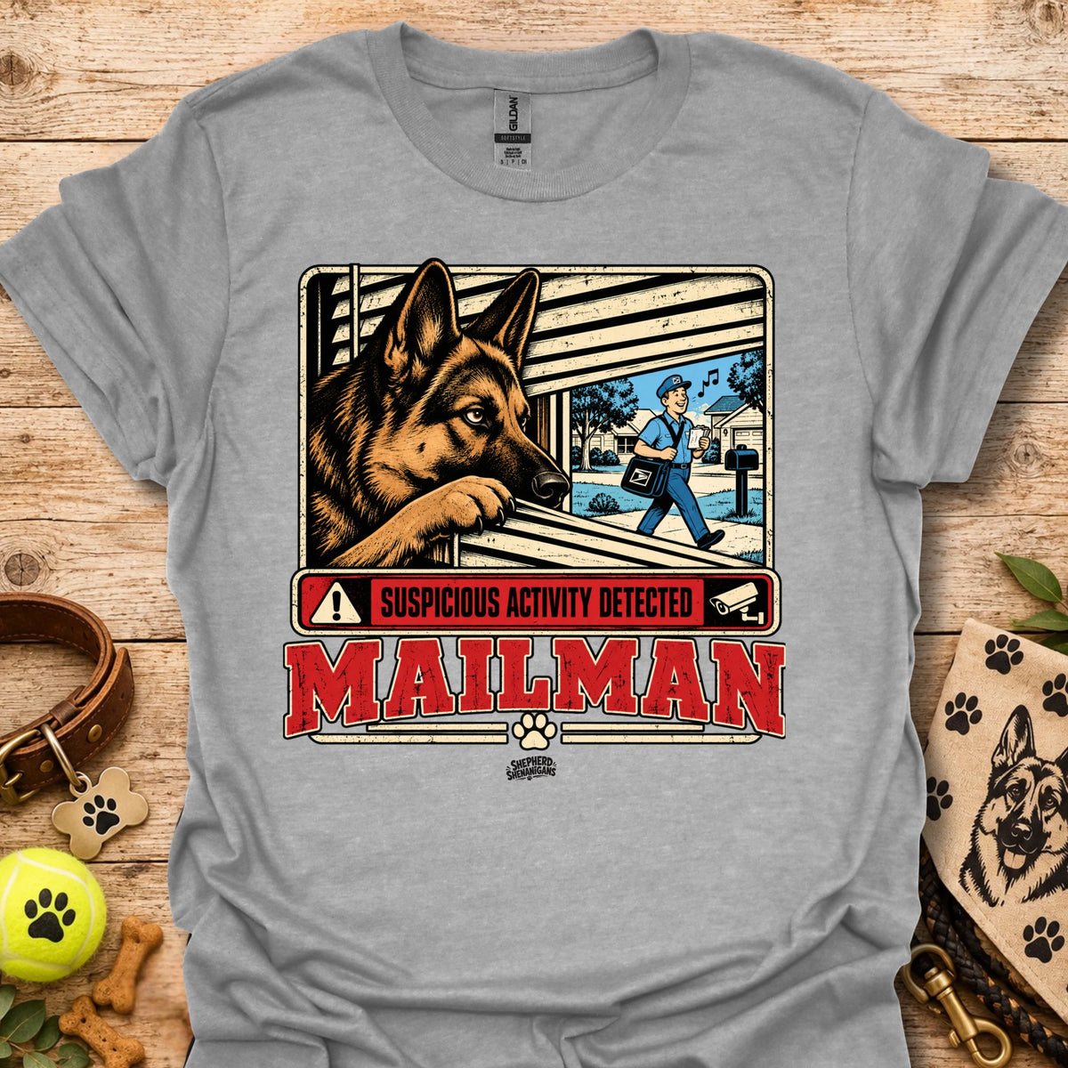 Maillman graphic T-shirt, sport gray with dog and 'Suspicious Activity Detected' text.