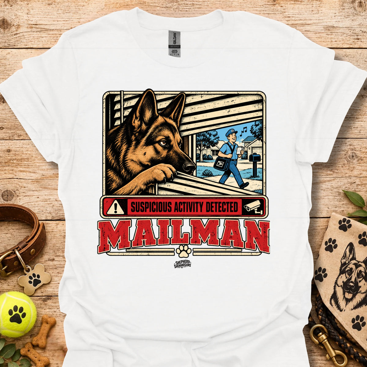 Maillman graphic T-shirt, white with dog and 'Suspicious Activity Detected' text.