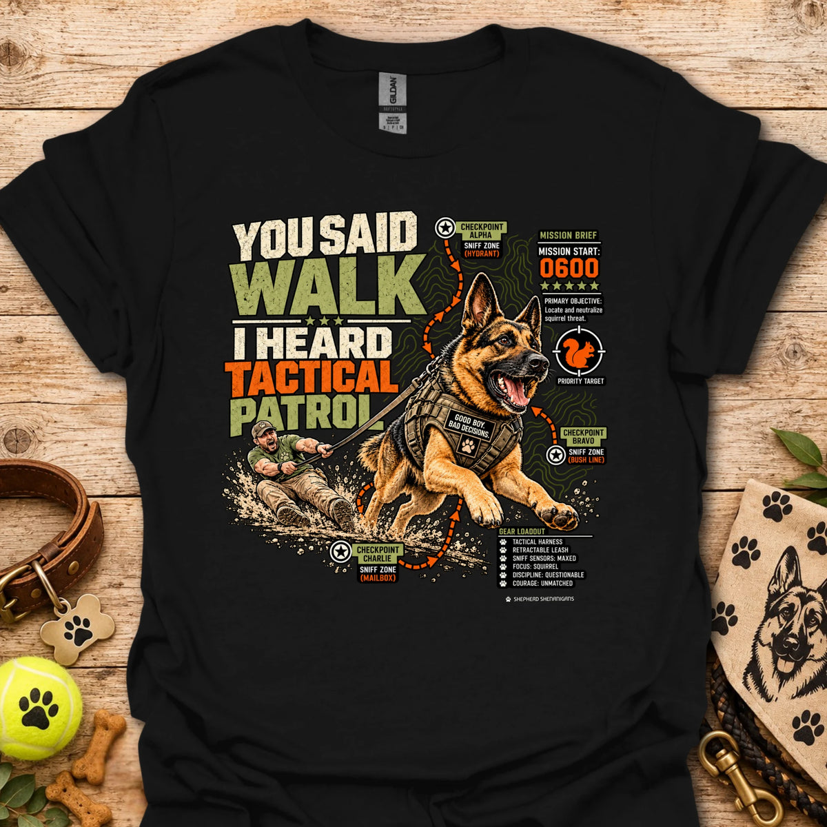 Tactical graphic t-shirt in black with large German shepherd patrol print
