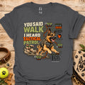Tactical graphic t-shirt in charcoal gray with large German shepherd patrol print
