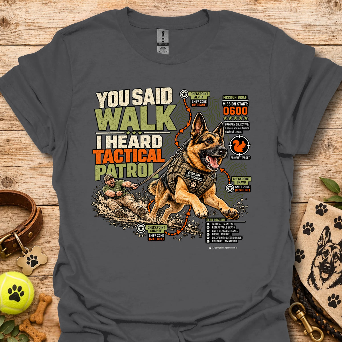 Tactical graphic t-shirt in charcoal gray with large German shepherd patrol print