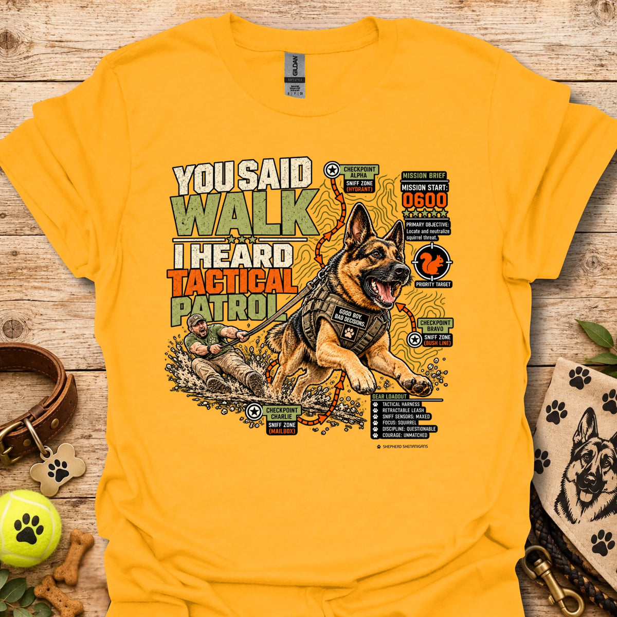 Tactical graphic t-shirt in gold with German shepherd patrol graphic