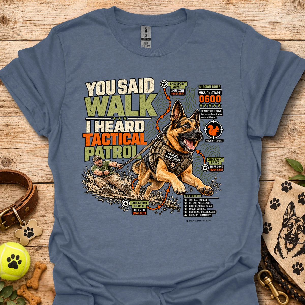 Tactical graphic t-shirt in heather indigo with German shepherd patrol illustration
