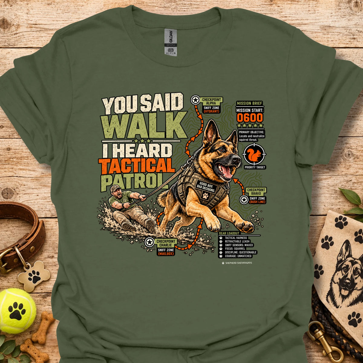 Tactical graphic t-shirt in military green with German shepherd patrol illustration