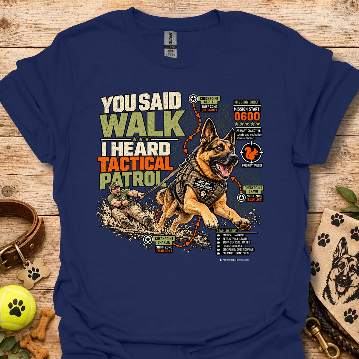 Tactical graphic t-shirt in navy blue with German shepherd patrol illustration