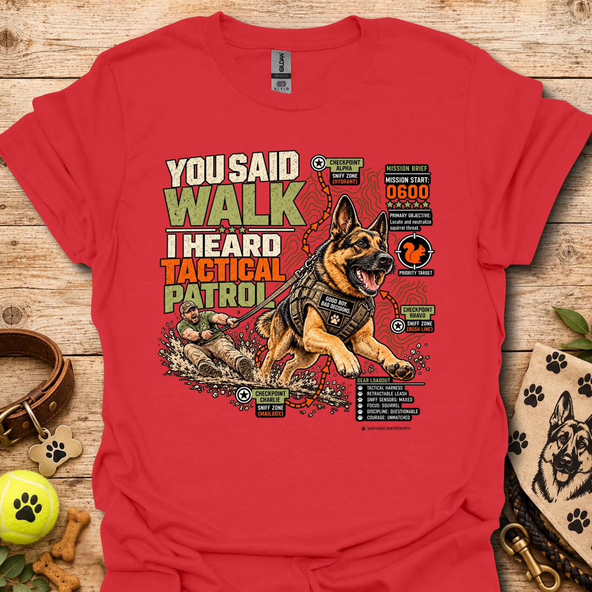 Tactical graphic t-shirt in red with large German shepherd patrol print