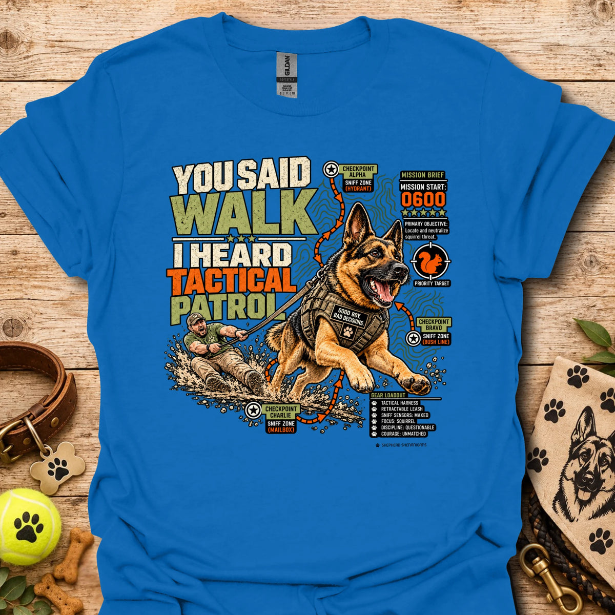 Tactical graphic t-shirt in royal blue with German shepherd patrol illustration