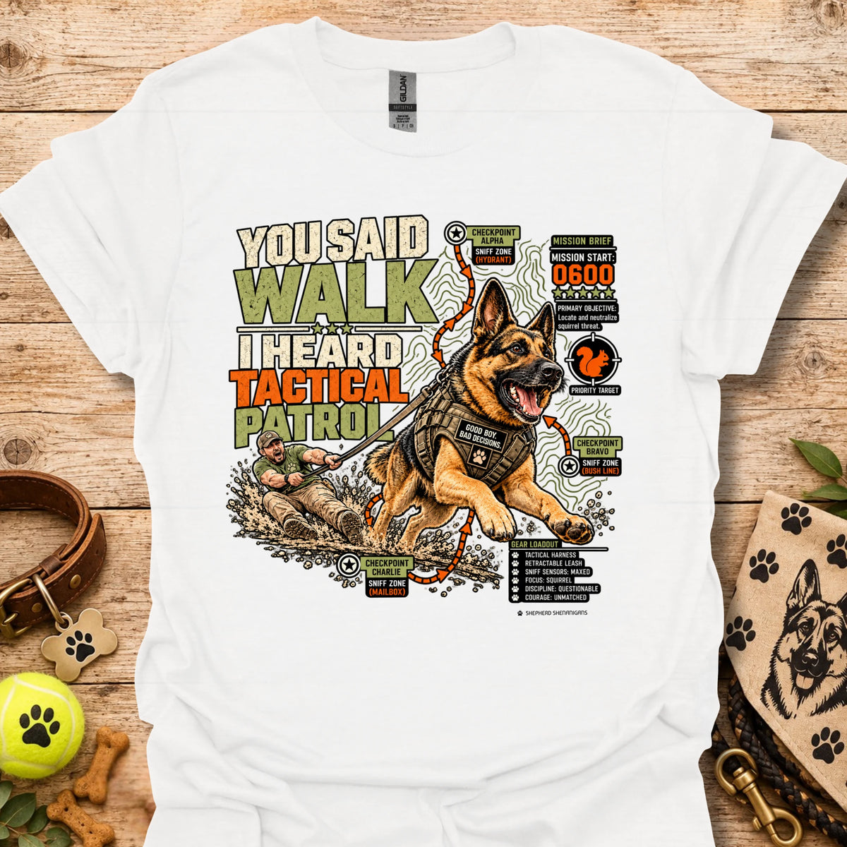 Tactical graphic t-shirt in white with German shepherd patrol illustration