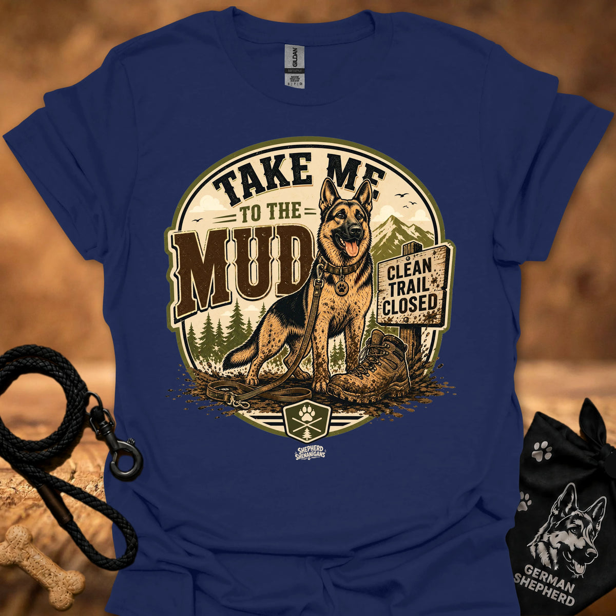Navy T-shirt with circular 'Take Me to the Mud' German shepherd graphic