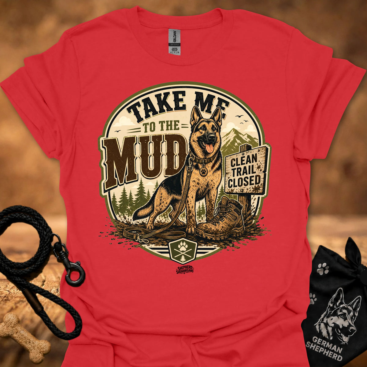 Red T-shirt with circular 'Take Me to the Mud' German shepherd graphic