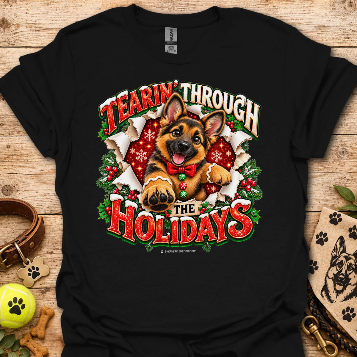 Black T-shirt with German shepherd holiday graphic and 'Tearin' Through the Holidays'