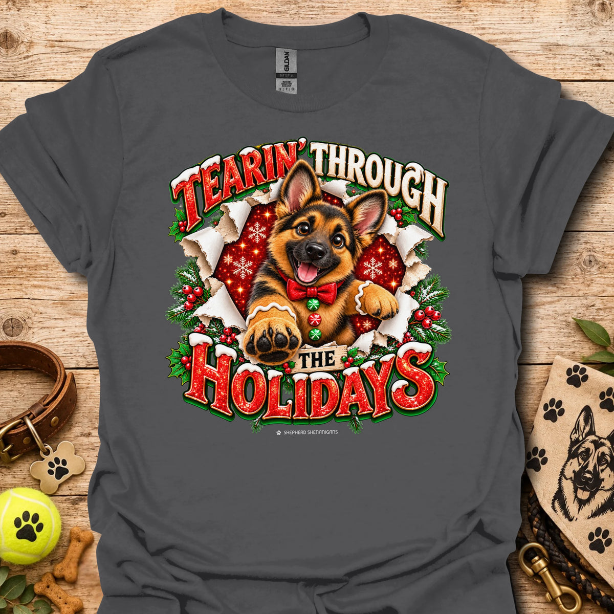 Charcoal T-shirt with German shepherd holiday graphic and 'Tearin' Through the Holidays'