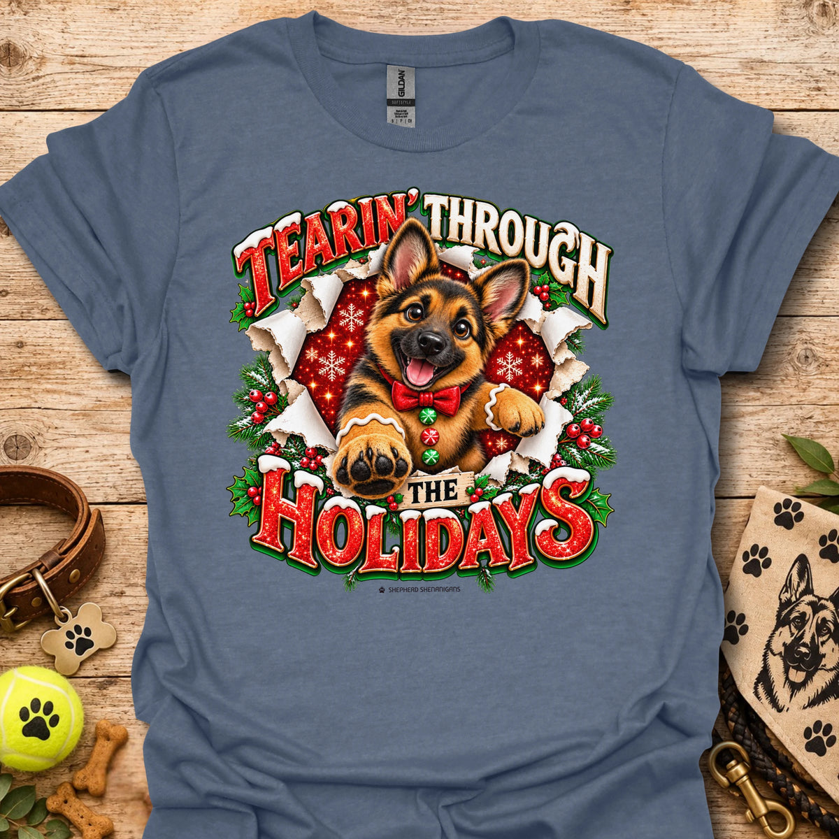 Blue T-shirt with German shepherd holiday graphic and 'Tearin' Through the Holidays'
