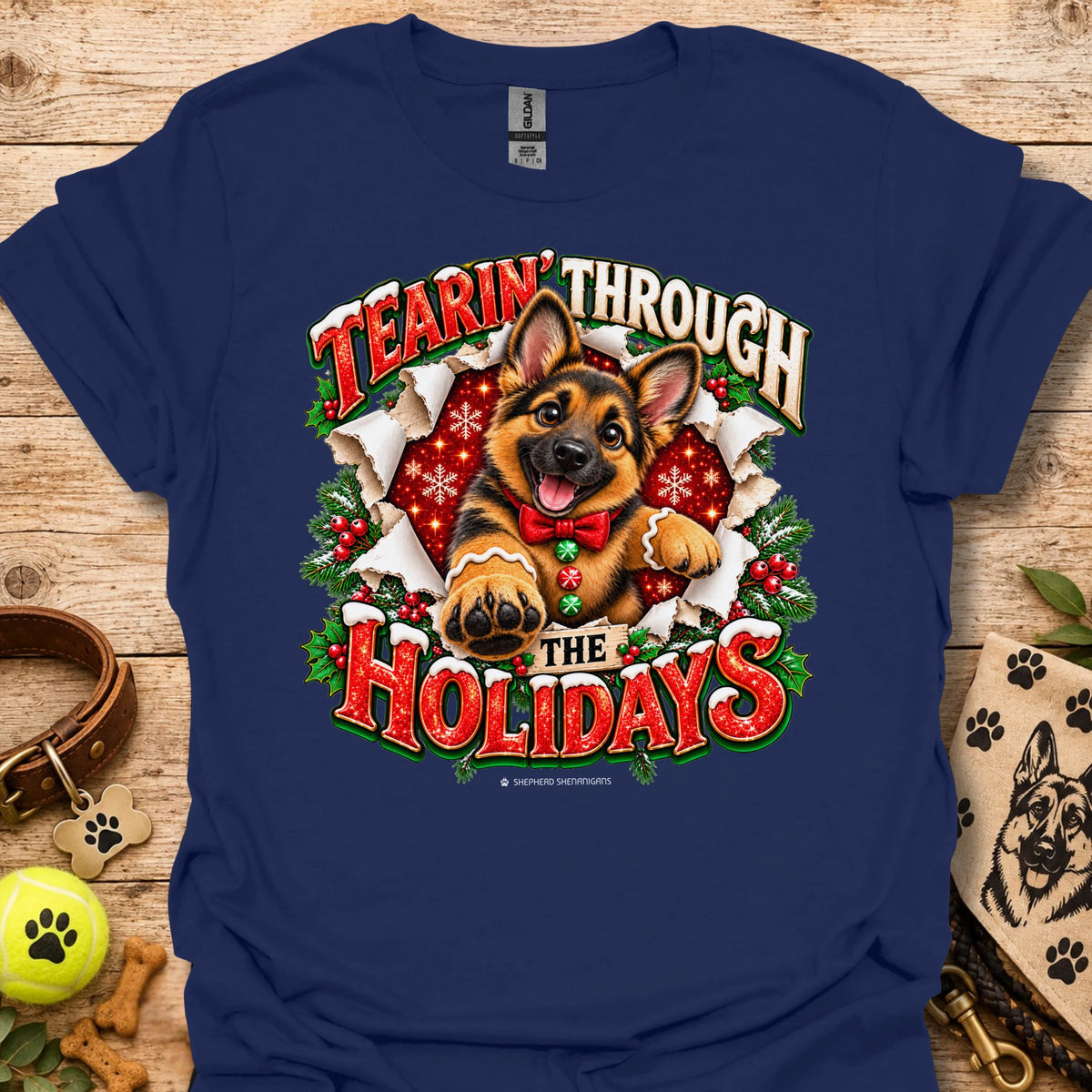 Navy T-shirt with German shepherd holiday graphic and 'Tearin' Through the Holidays'
