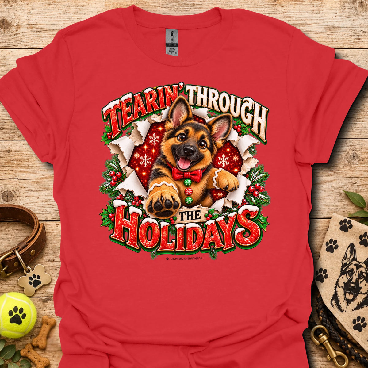 Red T-shirt with German shepherd holiday graphic and 'Tearin' Through the Holidays'