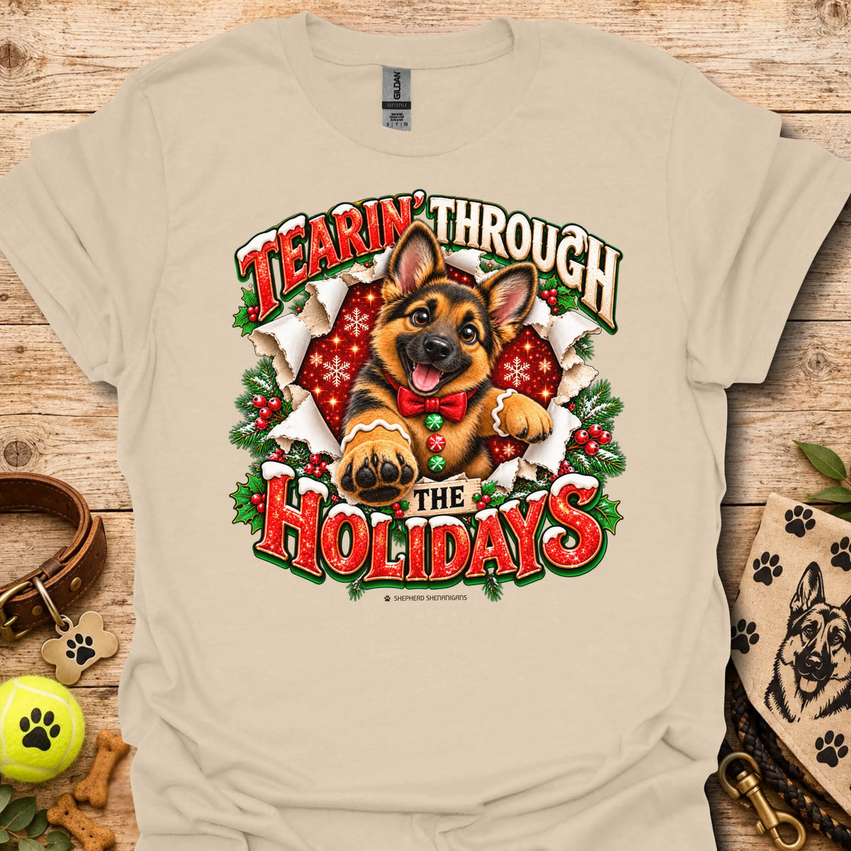 Sand T-shirt with German shepherd holiday graphic and 'Tearin' Through the Holidays'