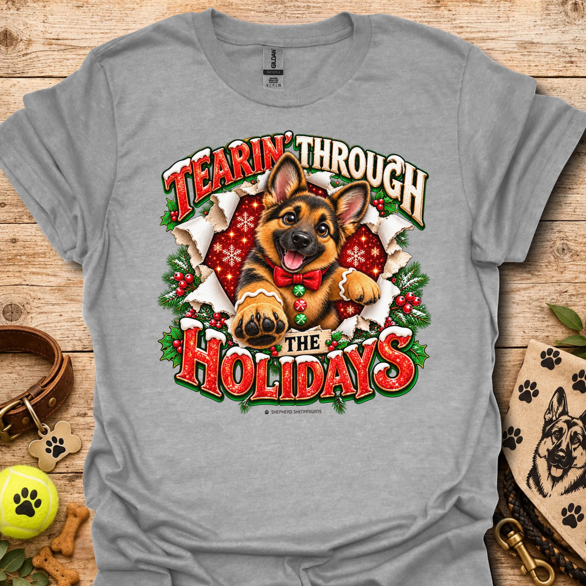 Heather gray T-shirt with German shepherd holiday graphic and 'Tearin' Through the Holidays'