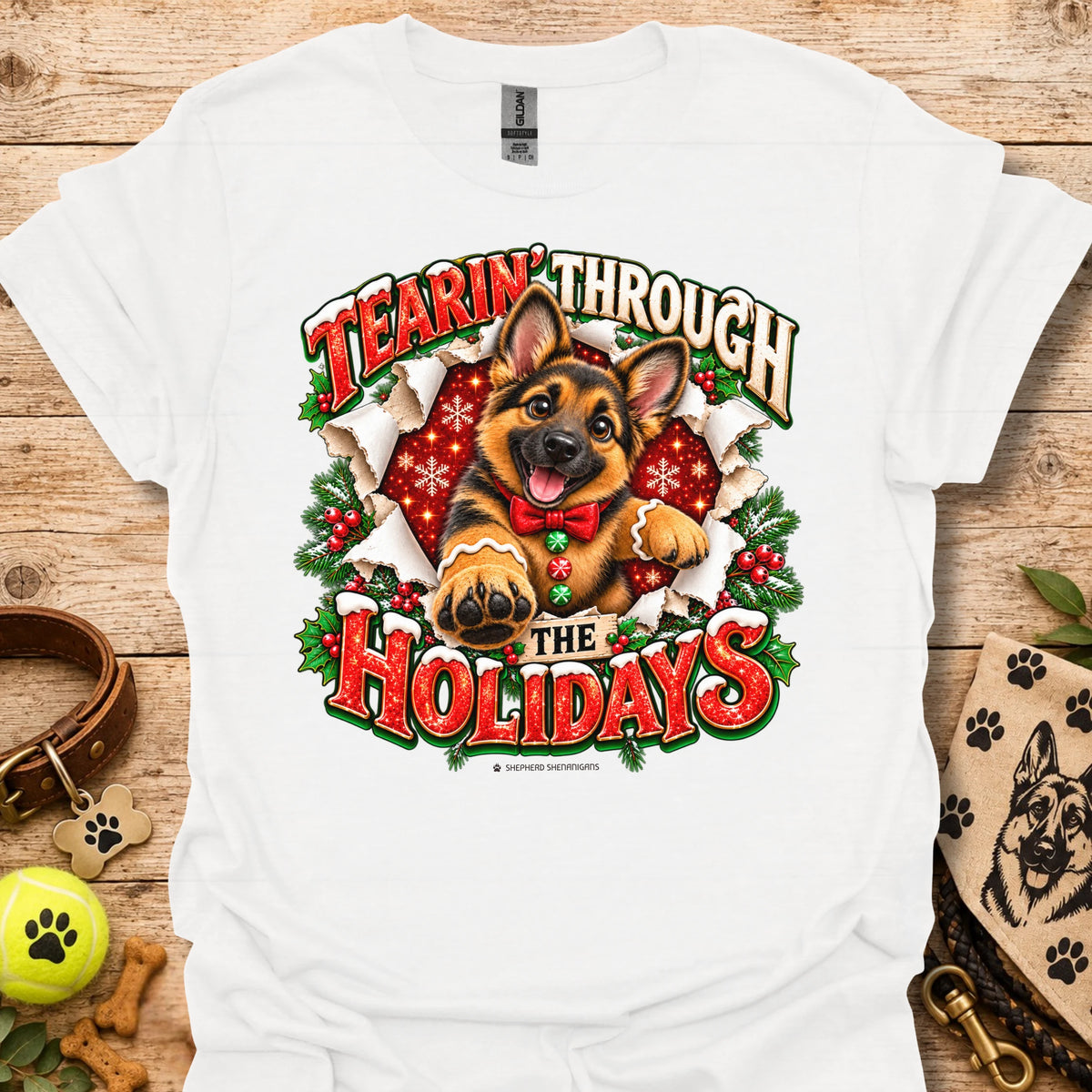 White T-shirt with German shepherd holiday graphic and 'Tearin' Through the Holidays'